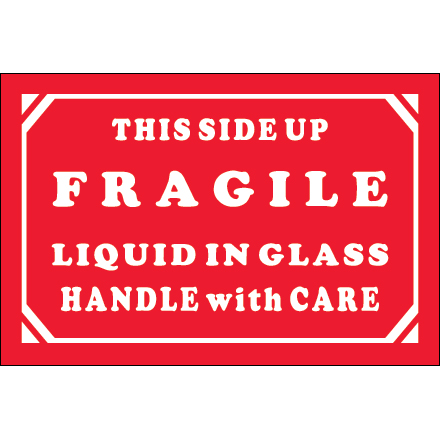 2 x 3" - "Fragile - Liquid In Glass - Handle With Care" Labels